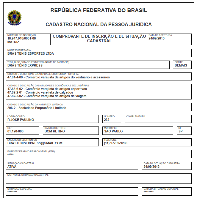 Comprovante de inscrição e de situação cadastral do CNPJ 18.947.918/0001-08 da Brás Tênis Express